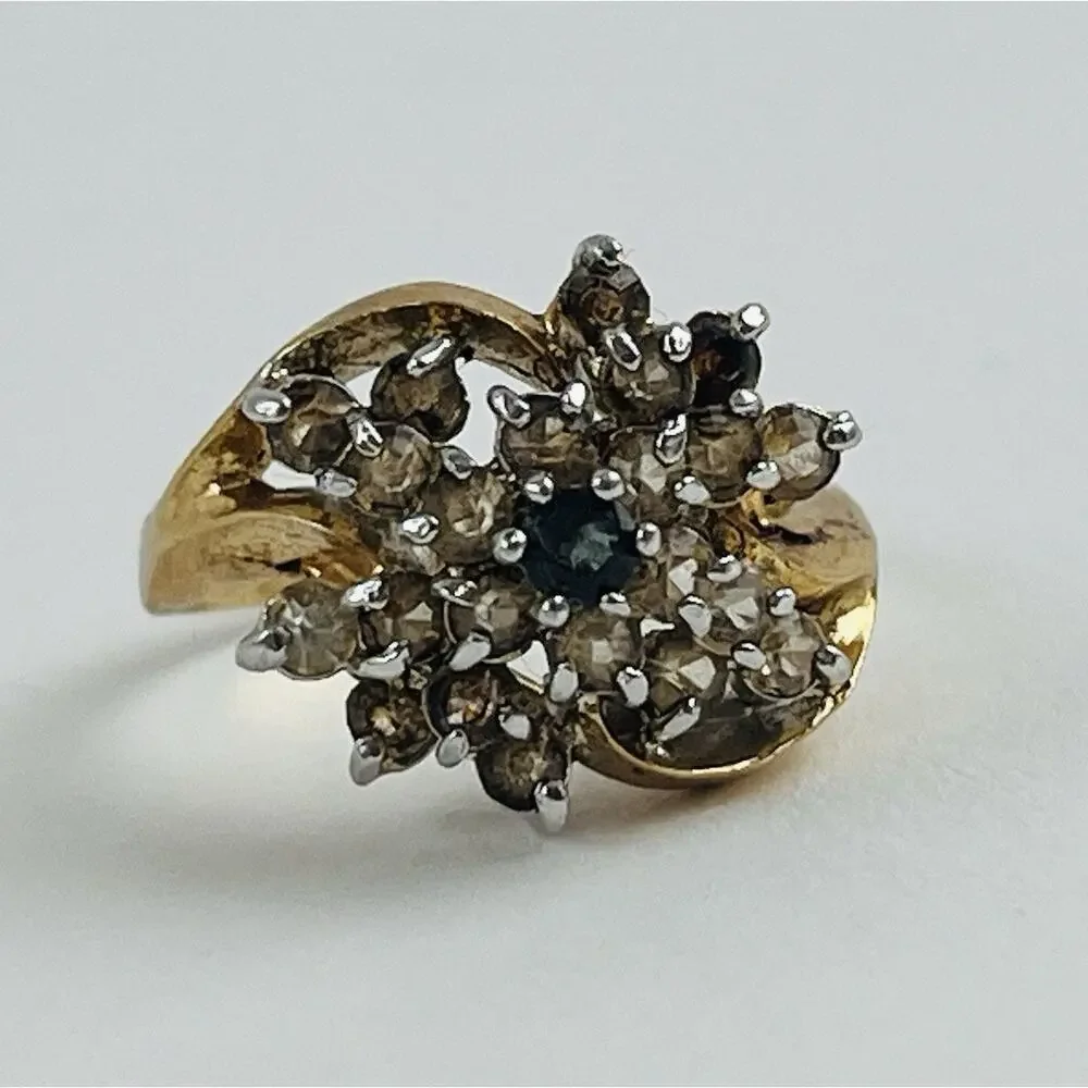 18K HGE Vintage Flower Cocktail Cluster Rhinestone Ring Size 7 citrine look blue